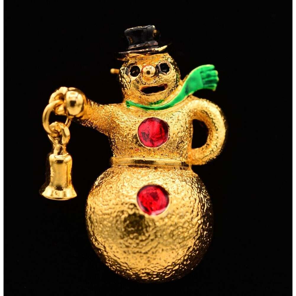 Vintage Snowman Pin Brooch Red Crystal Enamel Gold Christmas Holiday 1980s BinBA